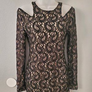 NikiBiki Long-Sleeve Black Nude Lace Dress Medium